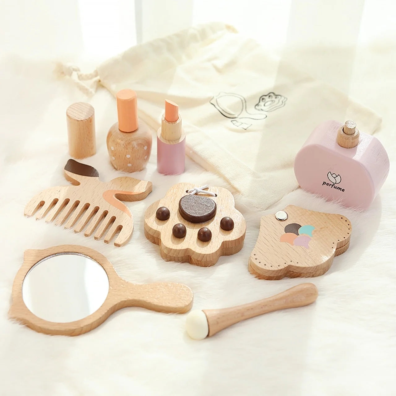 Girls' wooden household cosmetics toy set mirror comb perfume lipstick eye shadow powder birthday gift