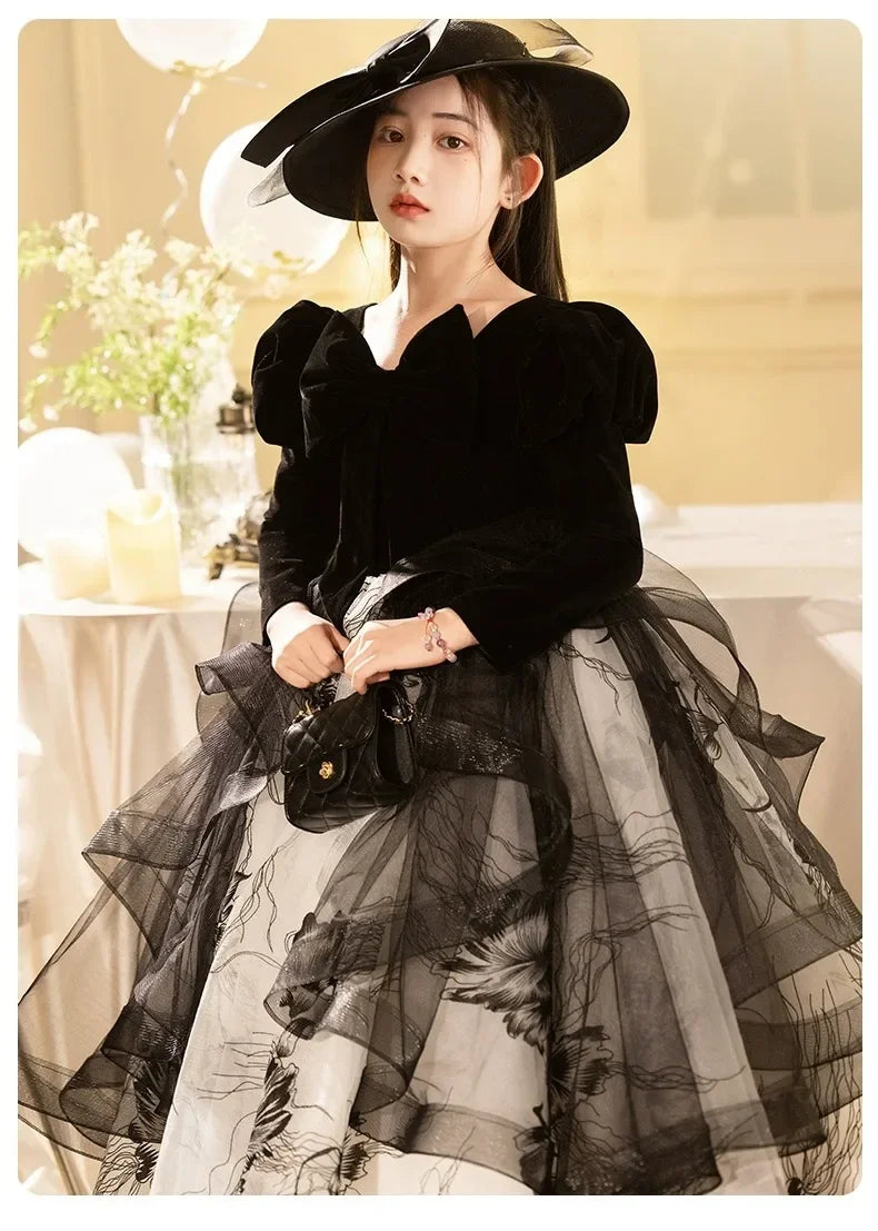 Girls' Spring Dress 3-14y Sweet Girls Floral Puff Long Sleeve PrincessCostumes Vestidos Dresses Kid's Clothes Children's Mes