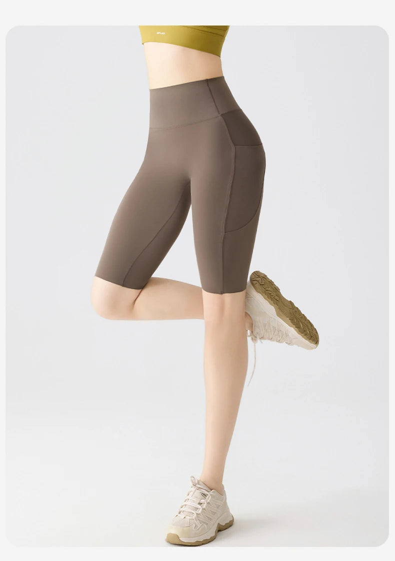 BIVIGAOS Summer Pocket Yoga Sharkskin Bicycle Shorts Women Thin High Waist Push Up Naked Feeling Sports  Fitness Cycling Shorts