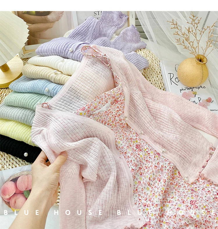 2026 Spring Summer Gentle Ruffle Trim Long Sleeve Ice Silk Sunscreen Knitted Cardigan Women Short Pearl Button Thin Casual Coat
