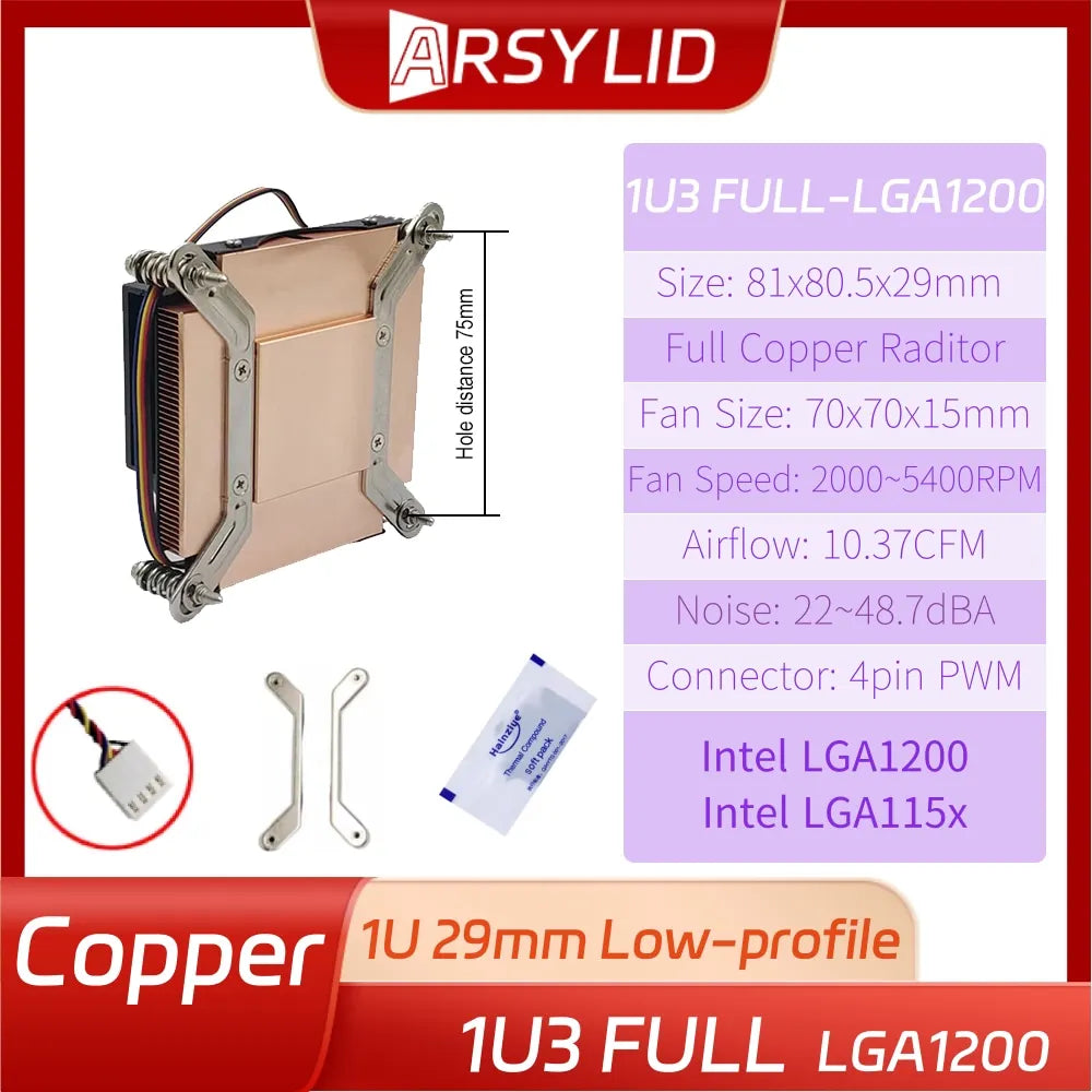 Full Pure Copper 1U Server Radiator 29mm Height Double Ball Turbo Cooling Fan LGA1700 2011 1200 115x AM4 AM5