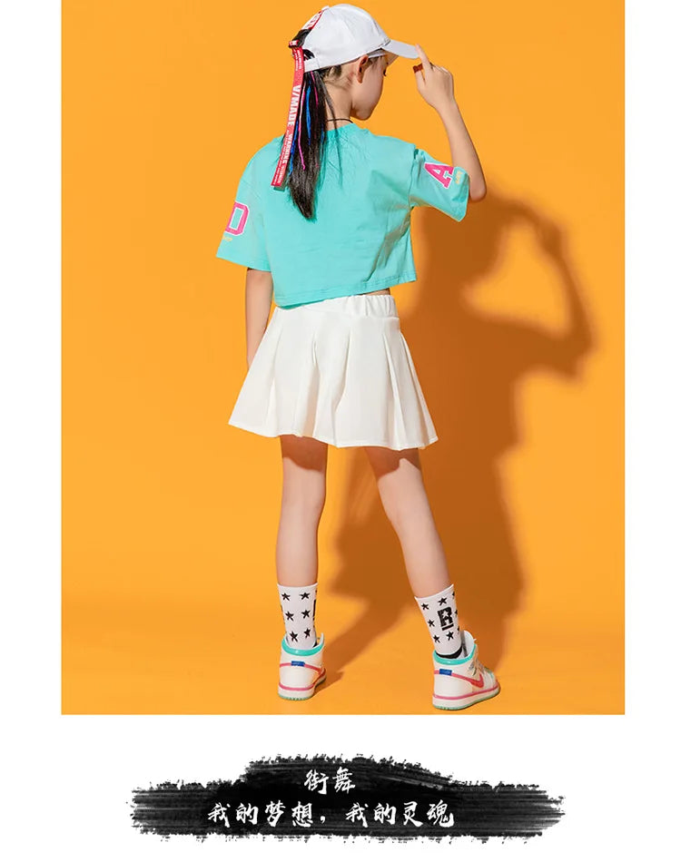 Boys Street Dance Blue T-shirt Shorts Girls Hip Hop Crop Top Skirt Outfits Kids Summer Costume Clothes Sets Children Streetwear