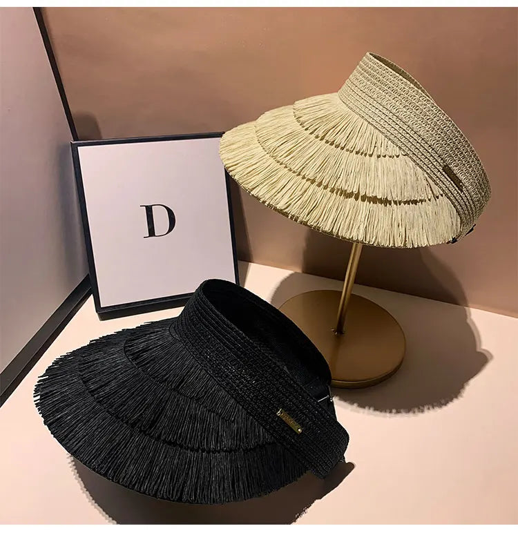 Designer Brand Sunscreen Tassel Straw Hats for Women Summer Empty Top Sun Hat Outdoor Pamama UV Protection Beach Sunshade Cap