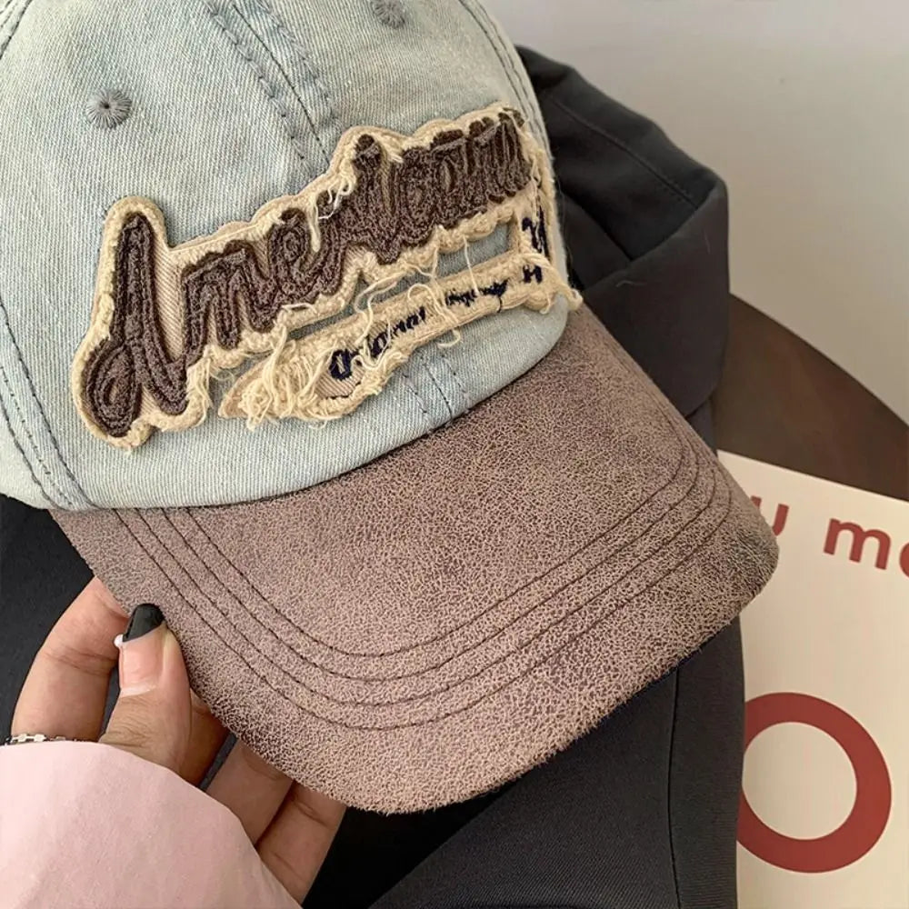 Simple Splicing American Retro Baseball Caps Denim Baseball Hat Tattered Jeans Sun Hat Cotton Sunscreen Peaked Cap Outdoor