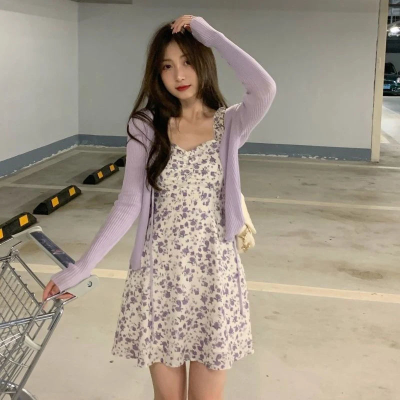 Lucyever Summer Purple Two-piece Sets Dress for Women Floral Slip Mini Dress+Sunscreen Shawl Cardigan Woman 2022 New Sundress