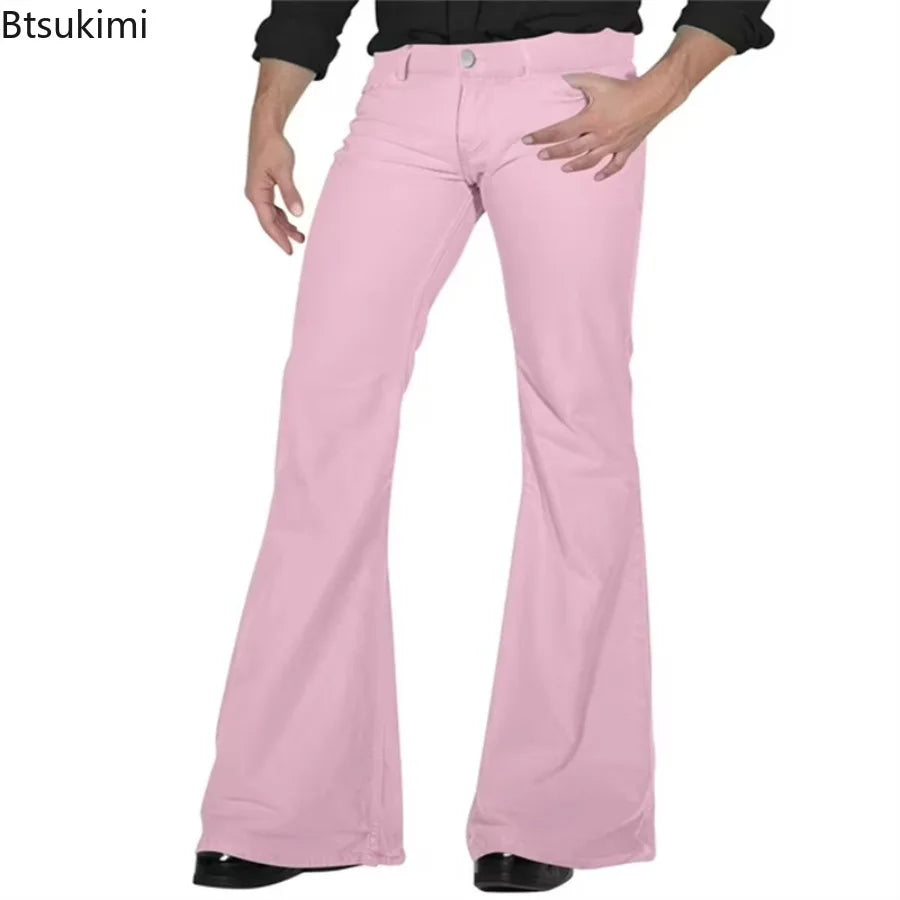 2026 Fashion Men's Vintage Disco Flared Pants Solid Stretch Slim Fit Trousers Hippie Style Casual Wide Leg Pants Male Streetwear
