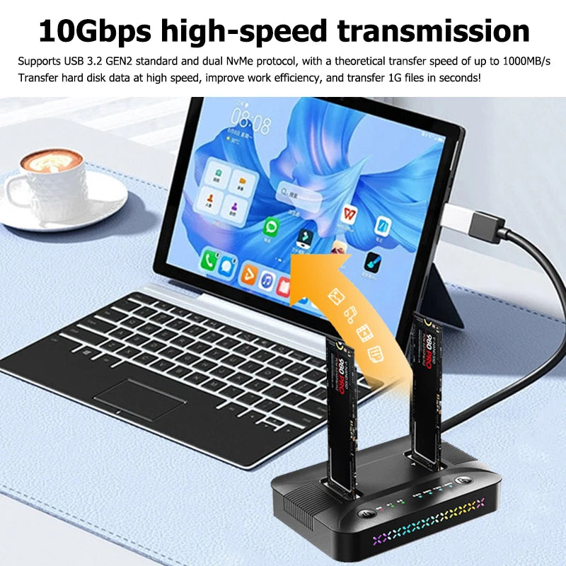 M.2 NVMe/SATA Dual-Bay Hard Drive Docking Station Offline Clone Hard Disk M.2 SSD Duplicator USB3.2 GEN2 SSD Adapter Enclosure