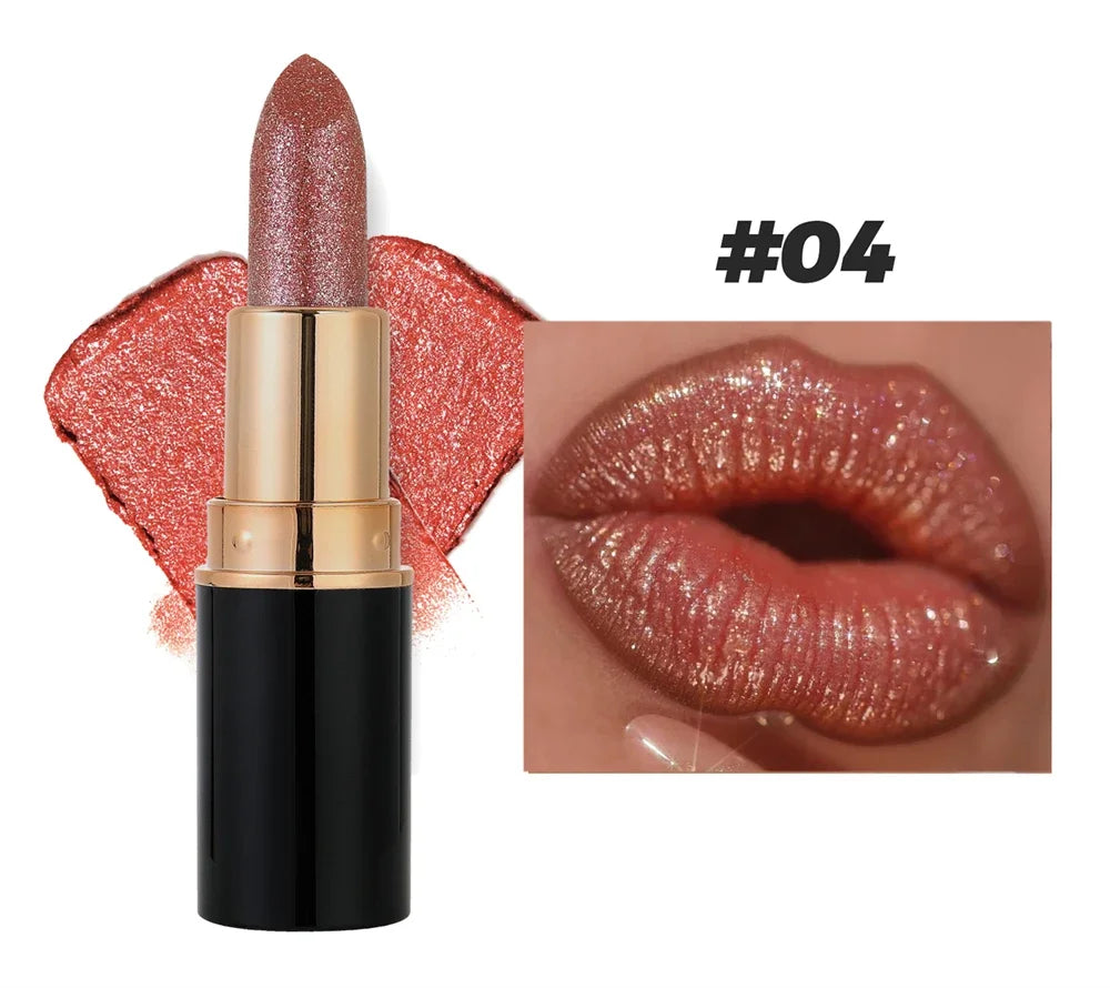 Black Tube Shiny Diamond Lipstick Pearl Moisturizing Glitter Lip Tint Balm Waterproof  Lasting Lip Gloss Shimmer Sexy Lip Makeup