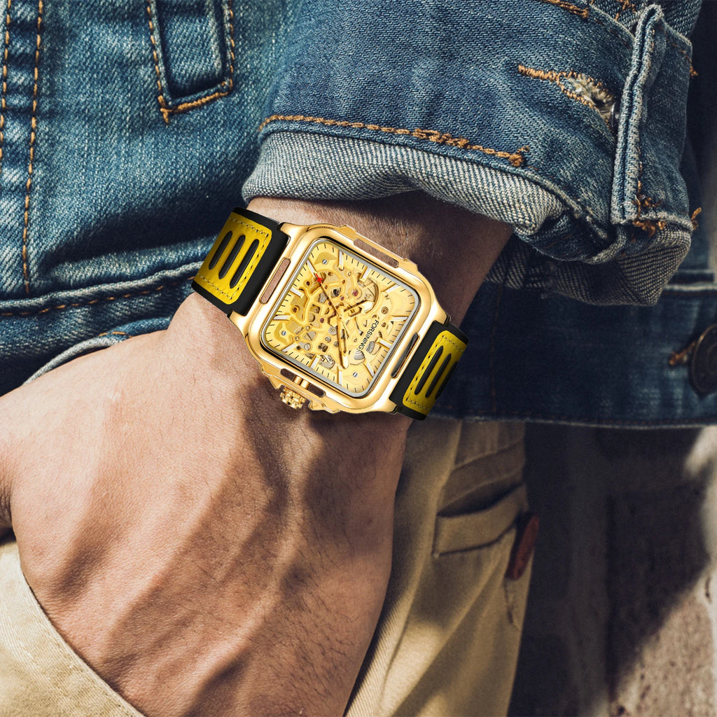 FORSINING Original Square Skeleton Mechanical Man Wristwatches Automatic Movement Field Sports Waterproof Silicone Replica Watch