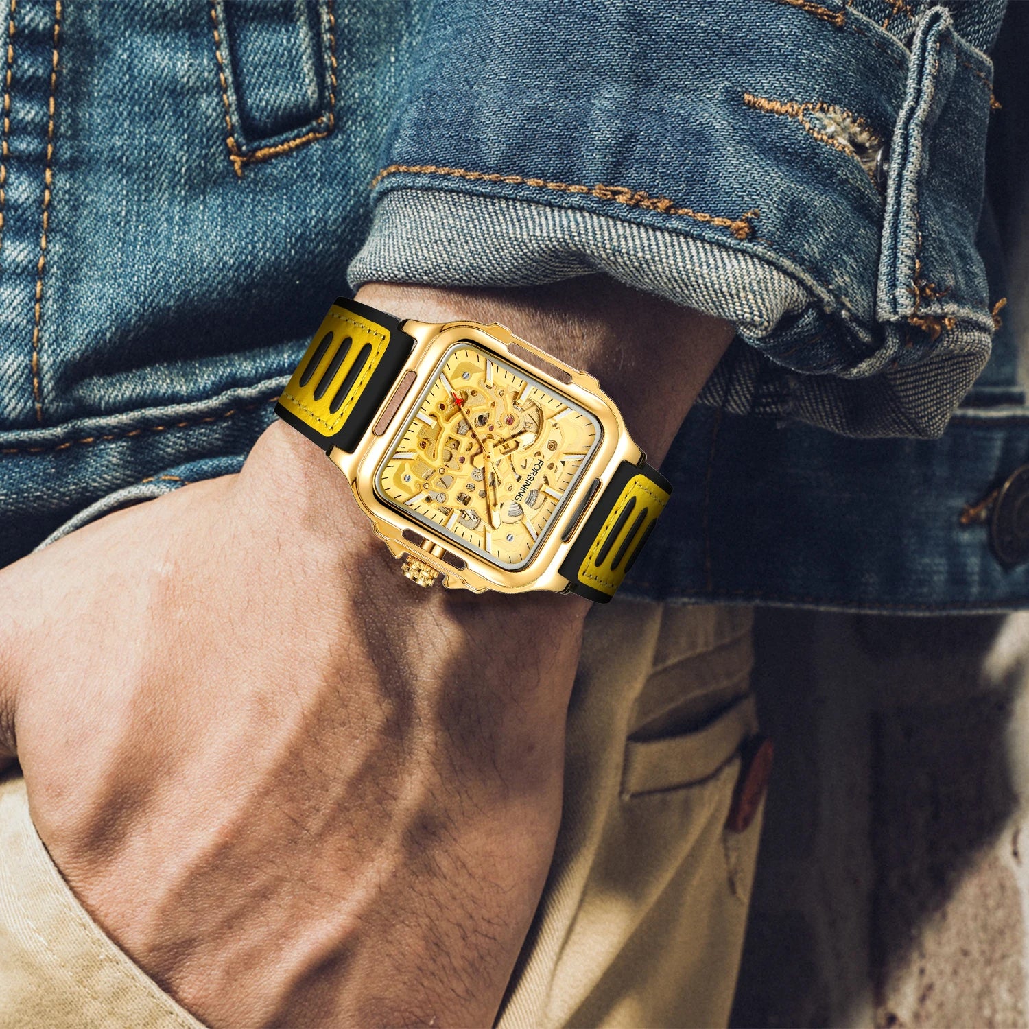 FORSINING Original Square Skeleton Mechanical Man Wristwatches Automatic Movement Field Sports Waterproof Silicone Replica Watch