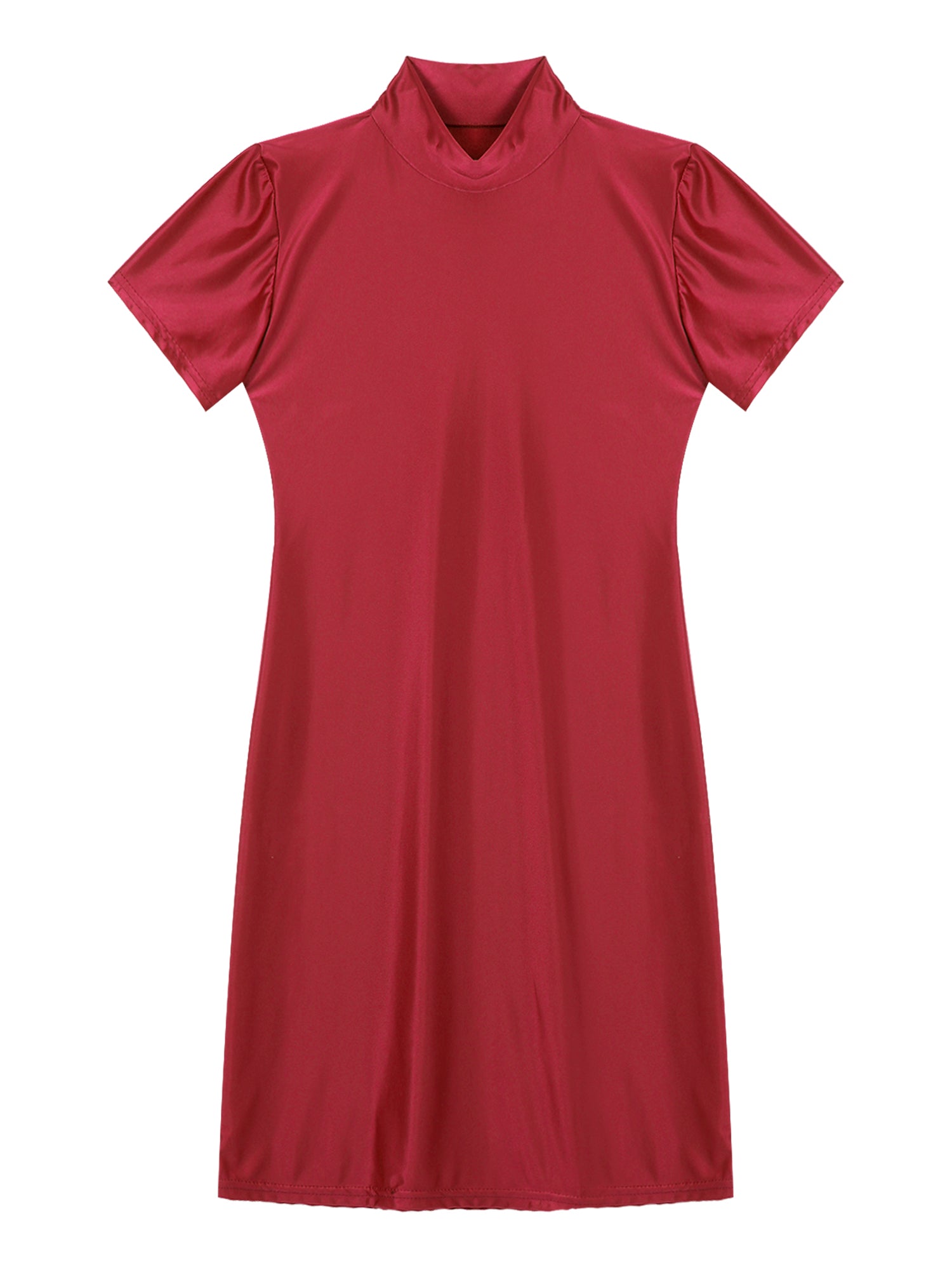 Women's  Solid Color Smooth Stretchy Mock Neck Tight Party Dresses Female Dresses Glossy Long Sleeve Bodycon Dress Nightwear