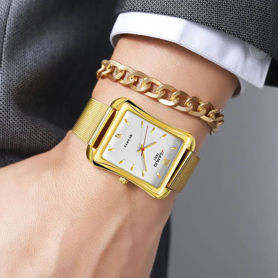 2024 New Trendy Men's Square Watch Business Luxury Large Dial Gold Mesh Band Scale Fashion Men's Quartz Watch