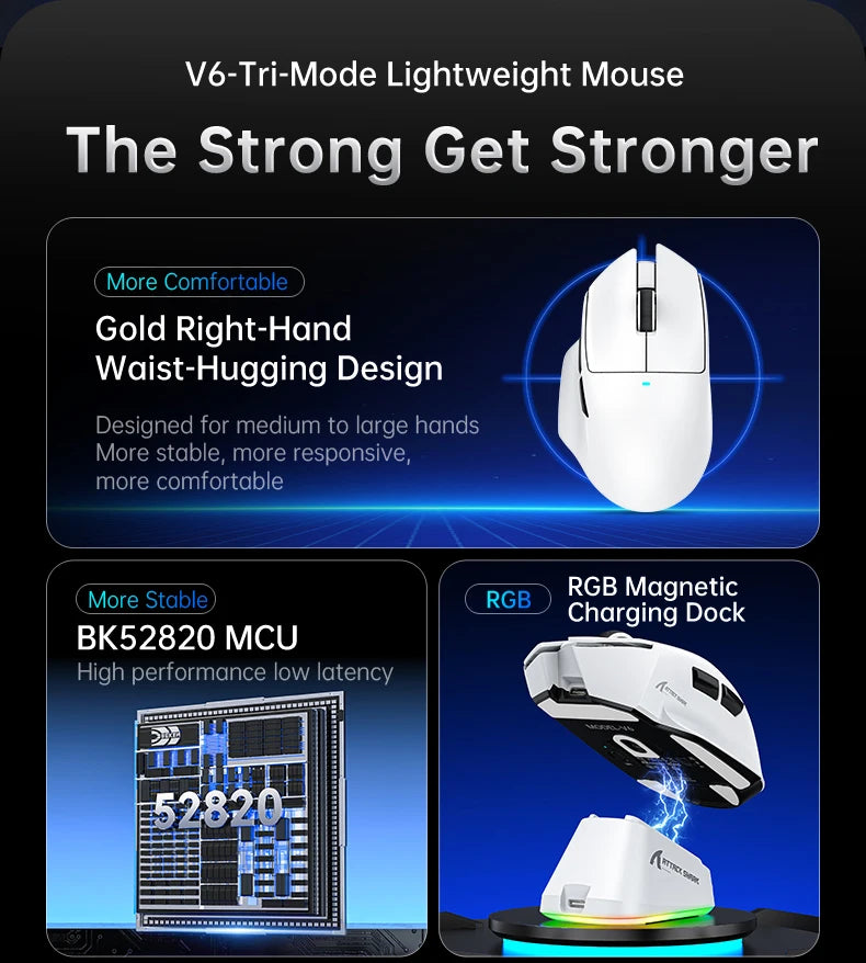 V6 ATTACK SHARK 25000DPI Wireless Mouse,Bluetooth Tri-Mode Connection,Touch Magnetic Charging Base , Macro Gaming Mouse