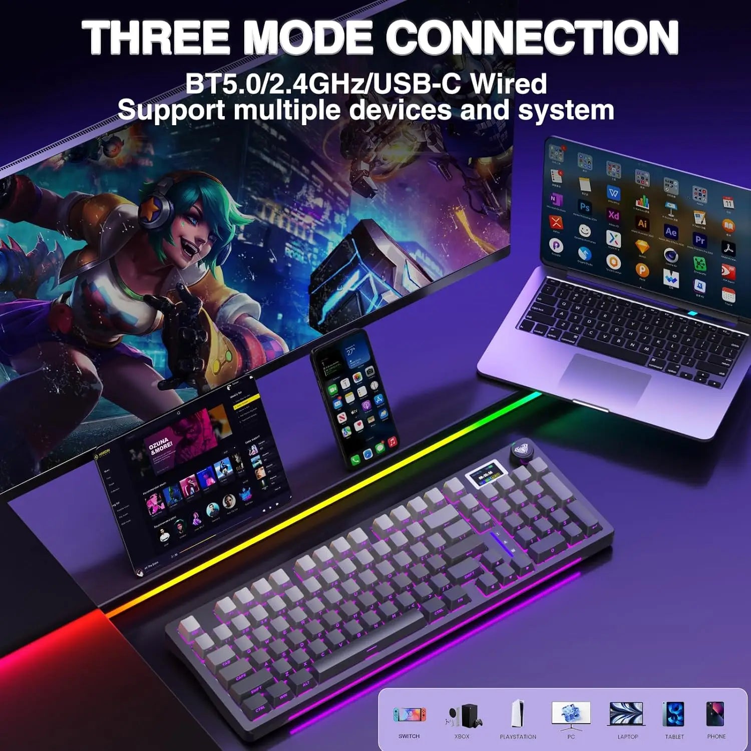 AULA S98pro Wireless Gaming Keyboard BT/USB-C/2.4G PBT Keycaps RGB Hot-swap Esports Mechanical Keyboard with Multi-function Knob