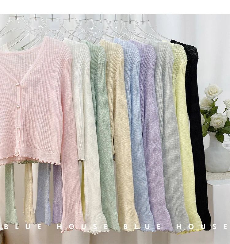 2026 Spring Summer Gentle Ruffle Trim Long Sleeve Ice Silk Sunscreen Knitted Cardigan Women Short Pearl Button Thin Casual Coat