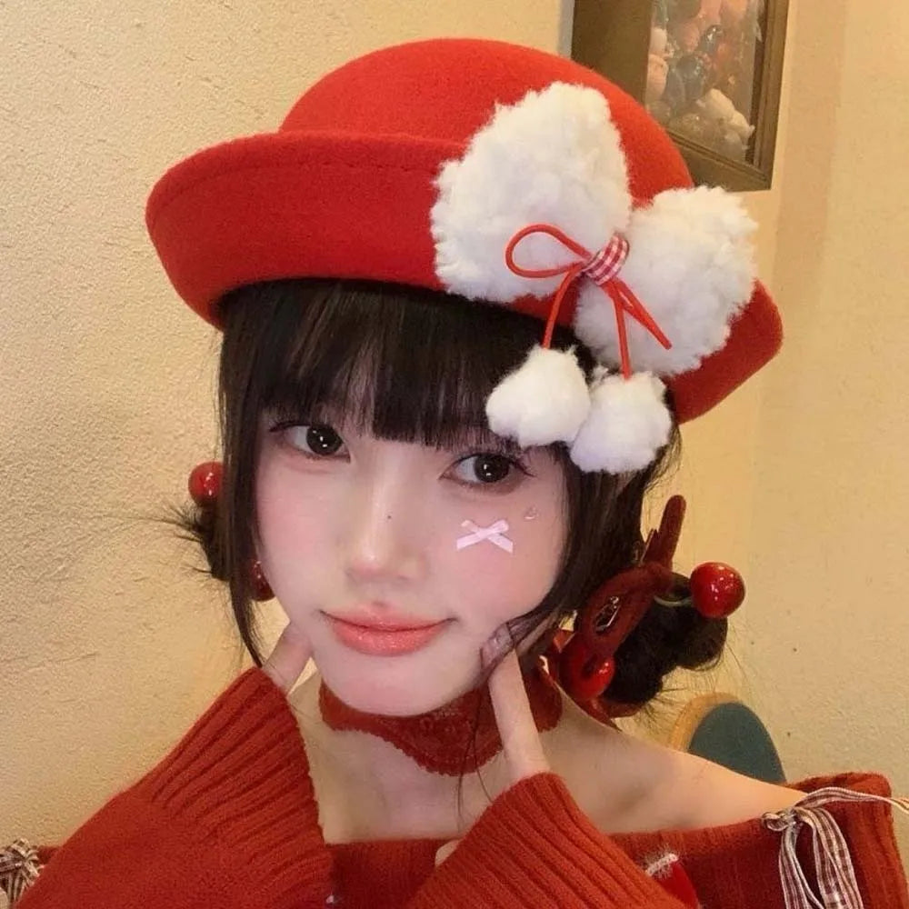 Top Hat Vintage Looking Red Bowler Hats Japanese Style Beret Woolen Bucket Cap Versatile Girls Dome Hat Winter