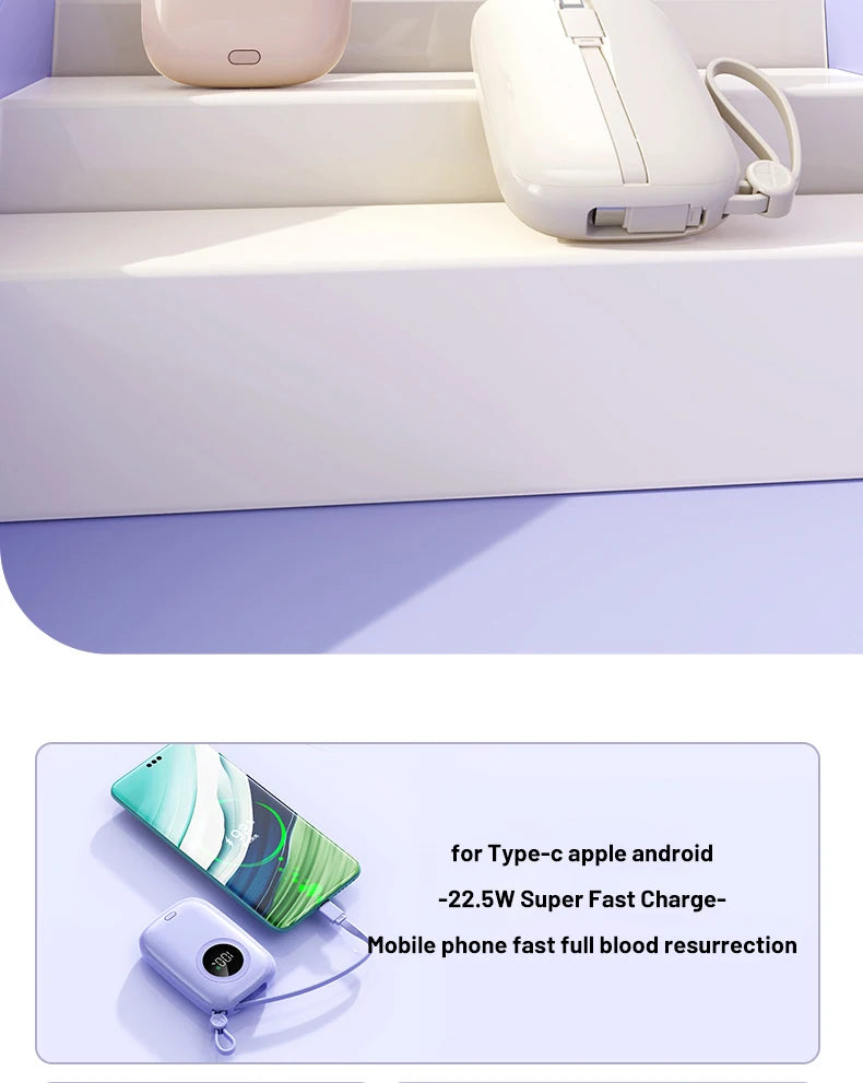 PD22.5W power bank, bidirectional fast charging with 10000mAh cable, large capacity mobile power bank mini ultra-thin power bank
