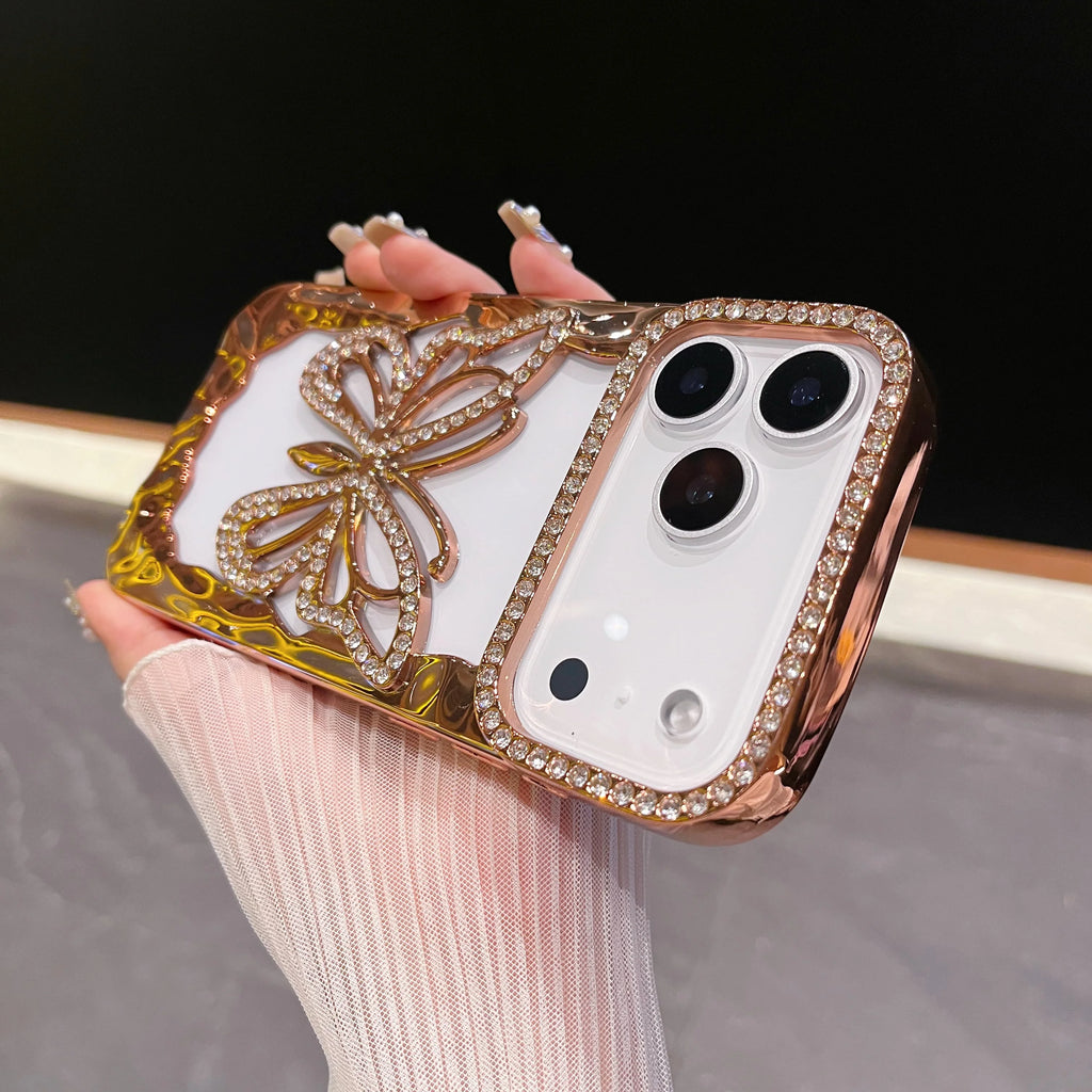 Bling Diamond Hollow Butterfly Phone Case For iPhone 17 Air 16 15 14 Plus 13 12 11 Pro Max Plating Glitter Shockproof Soft Cover