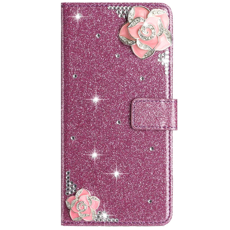 Flash Drill Small Flower Wallet Luxury Glitter Case For iPhone 17 ProMax Air 16 E Pro 15 14 Plus 13 12 Mini 11 Pro Max Cover