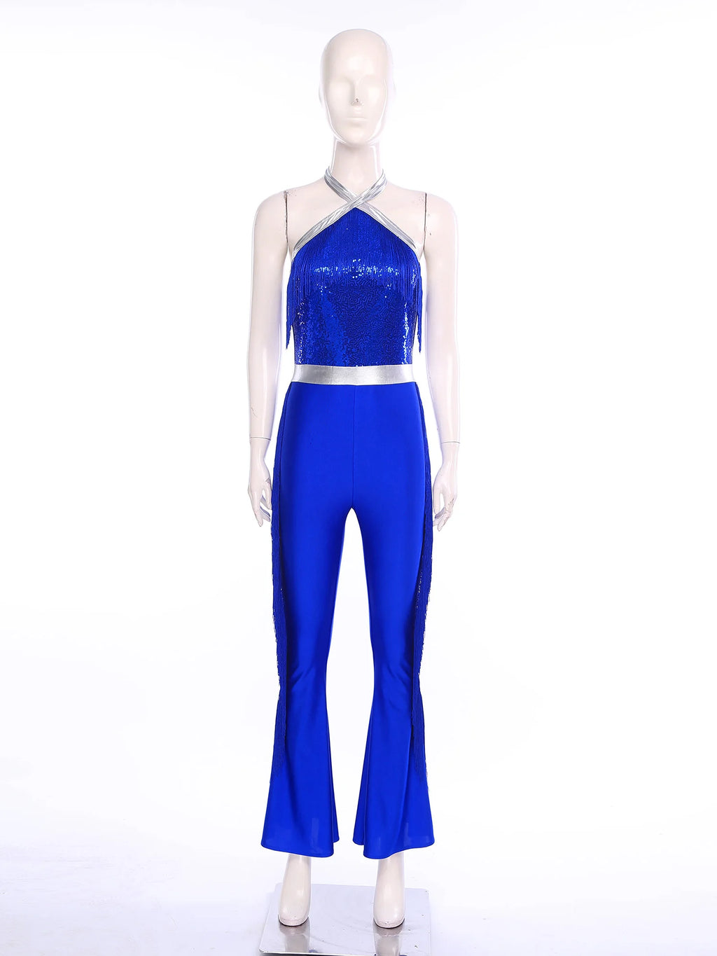 Womens 70s Disco Party Jumpsuit Halter Shiny Sequins Tassel Flared Pants Latin Jazz Dance Rompers Rave Festival Prom Clubwear
