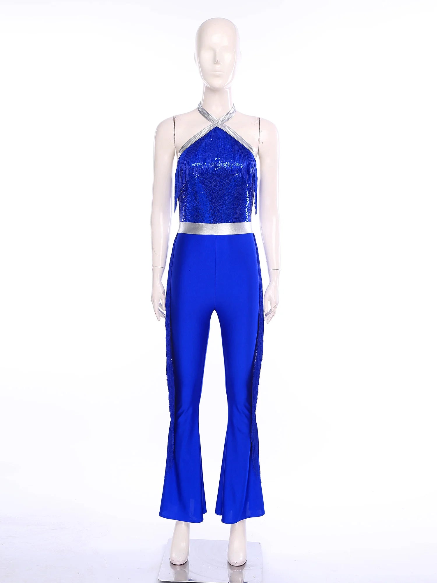 Womens 70s Disco Party Jumpsuit Halter Shiny Sequins Tassel Flared Pants Latin Jazz Dance Rompers Rave Festival Prom Clubwear