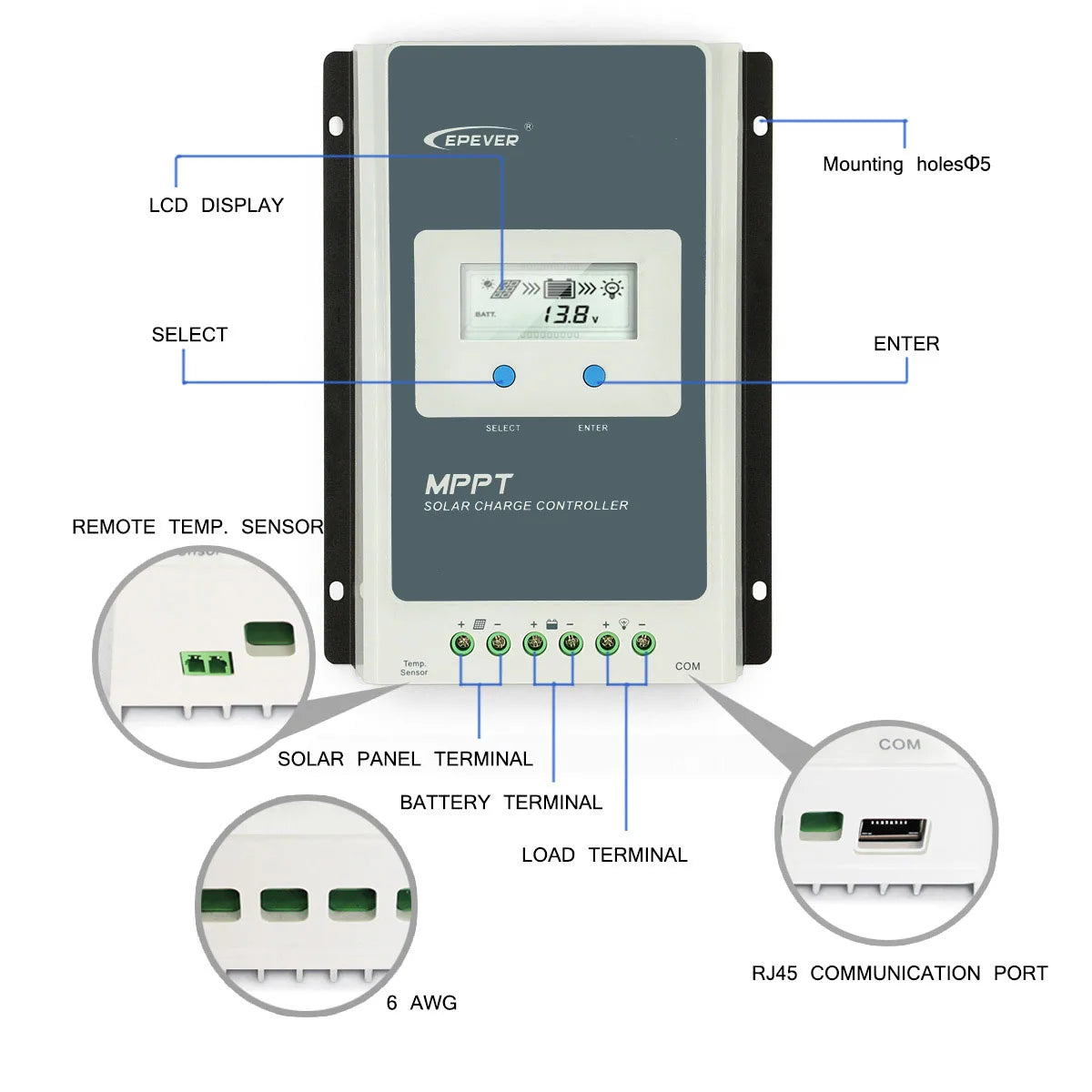 EPEVER MPPT Tracer 40A 30A 20A 10A Solar Charger Controller 12V24V Auto High Efficiency Regulador Solar 4210AN 3210AN 2210AN