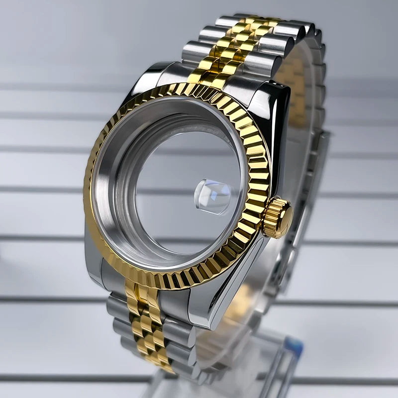 39mm NH35 Case Fluted Bezel DJ2T Yellow Gold Sapphire Glass Skx Mod Modification Parts Fit NH35 NH36 Movement Steel Watch Case
