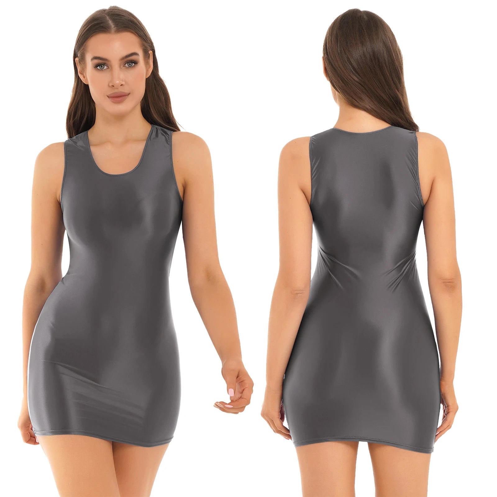 Women's  Solid Color Smooth Stretchy Mock Neck Tight Party Dresses Female Dresses Glossy Long Sleeve Bodycon Dress Nightwear