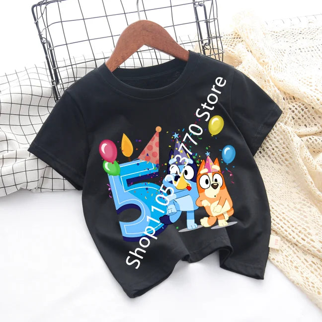 Bluey Baby Birthday T Shirt for Boys Girl Bingo Number Kids Clothes Summer Cartoon Letter Tees Shirts Toddler Short Sleeve Tops