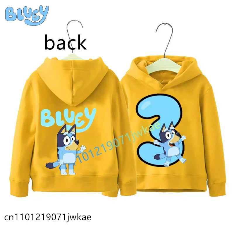 Bluey Birthday Number Print Hoodie Kids 1-9Y Front Back Design Long Sleeve Sweatshirt Boys Girls Casual Tops Birthday Party Wear