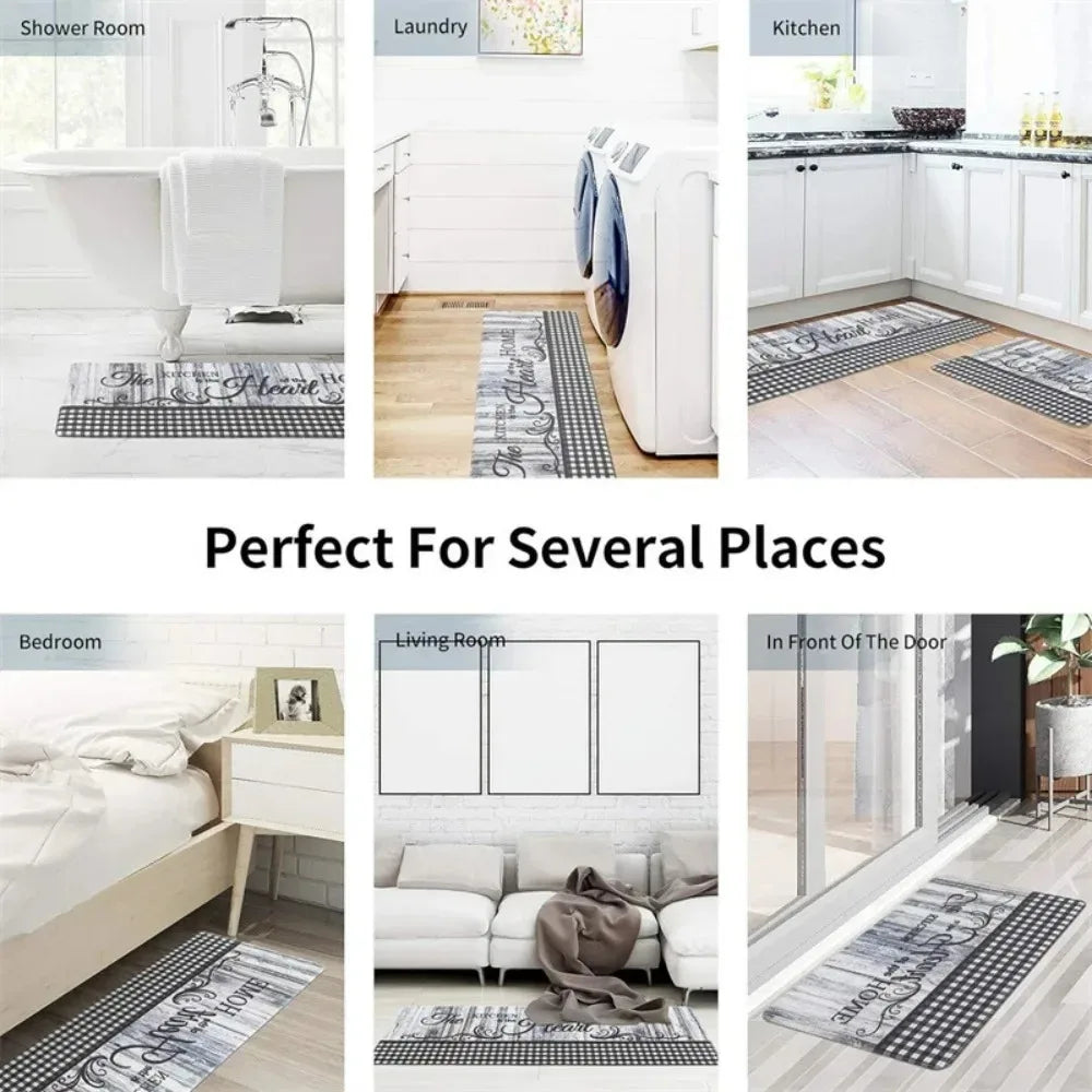 Kitchen Mat "Kitchen is the Heart of the Home" Wood Grain & Culinary Motifs Floor Mats for Sink Dining Room Living Room Bedroom