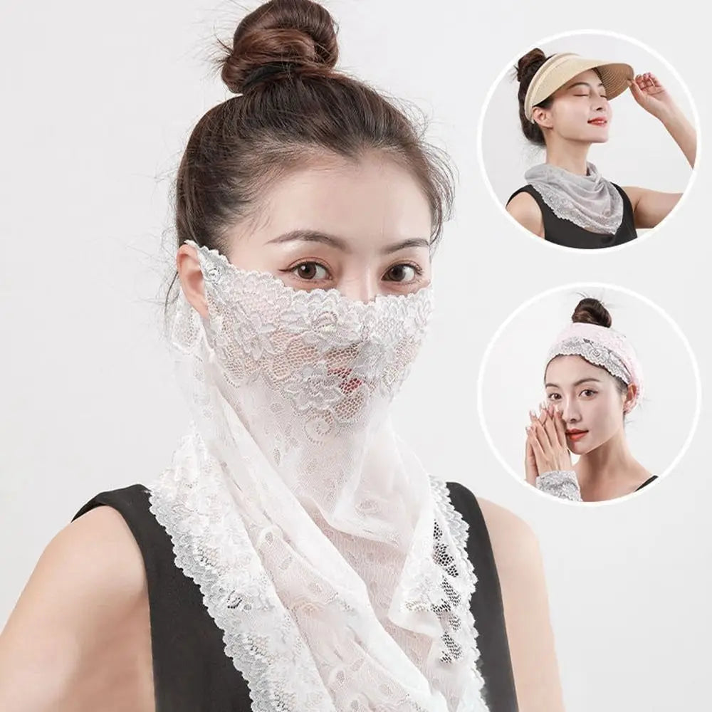 Summer Sunscreen Lace Mask Women Men Sport Golf Face Mask UV Protect Neckline Mask Hanging Ear Headband Scarf