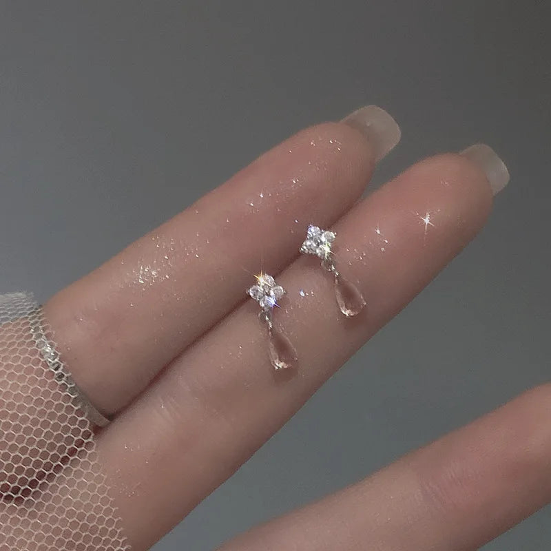 925 Silver Needle Water Drop Flower Crystal Earrings Shiny Silver Color Beautiful Mini Earrings Jewelry Gifts