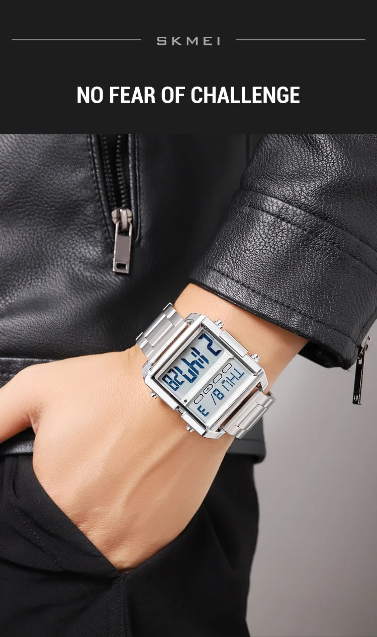 Skmei Luxury Brand Steel Strap Digital Watches for Mens Dual Time Zone Waterproof LED Chronograph Fashion Date Week Alarm Clock