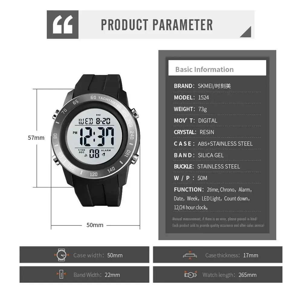 SKMEI 1524 2 Time LED Digital Wristwatches For Mens Waterproof Chrono Count Down Male Hour montre homme Big Dial Sport Men Watch