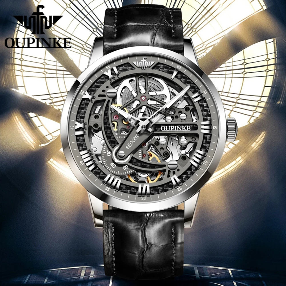 OUPINKE 3173 Skeleton Automatic Mechanical Watch Luxury Brand 50M Waterproof Watch Leather Strap Mens Watch Box Gifts Reloj