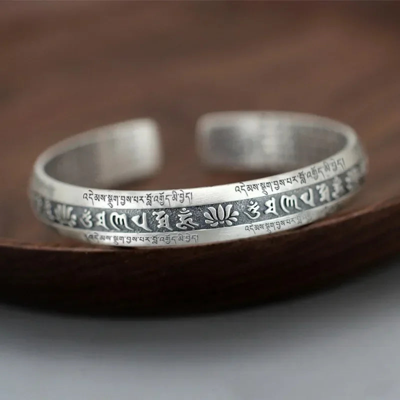 925 Silver Carved Prajnaparamita Heart Sutra Lotus Flower Bracelet Six Character True Words Wide Vintage Bangles Jewelry