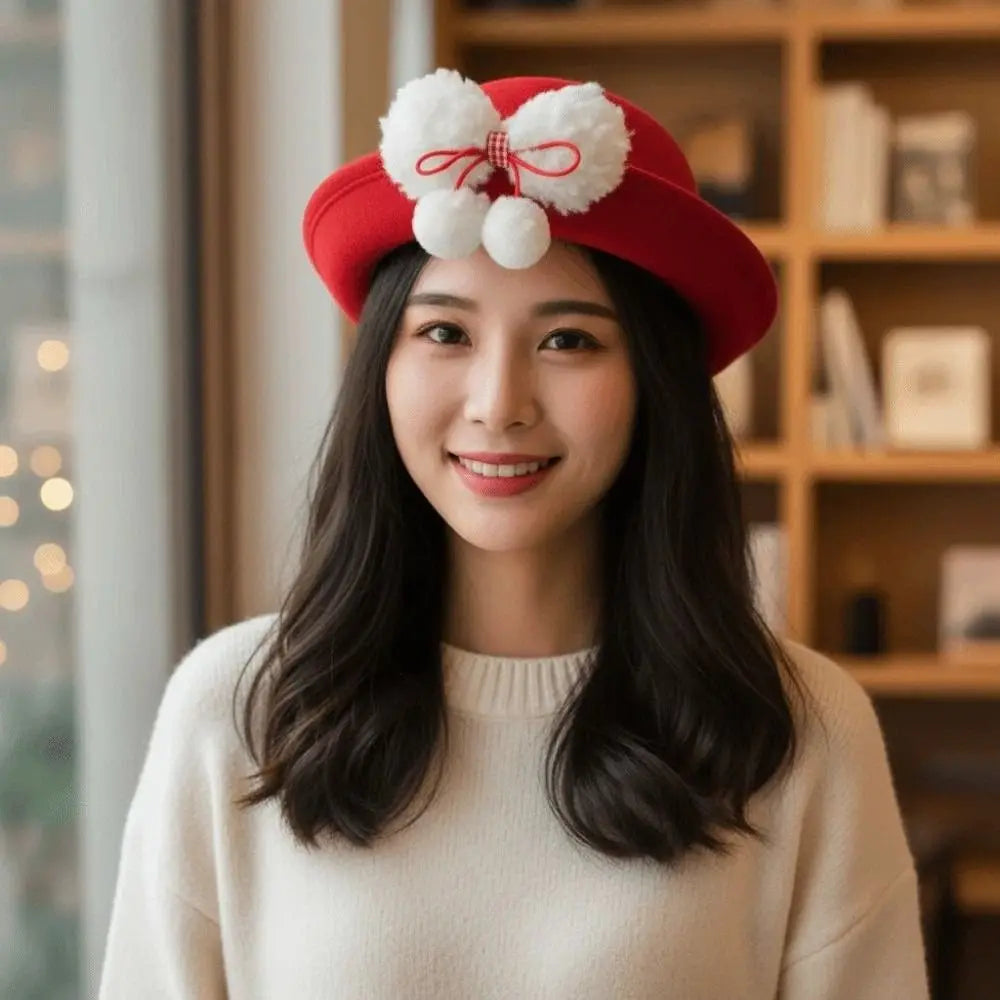 Top Hat Vintage Looking Red Bowler Hats Beret Japanese Style Woolen Bucket Cap Versatile Bow Girls Dome Hat Performances