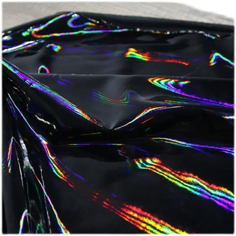Black Iridescent Synthetic Leather Fabric Technology Oriented Micro Elastic TPU Fabrics Clothing Designer Cloth for Diy Sewing
