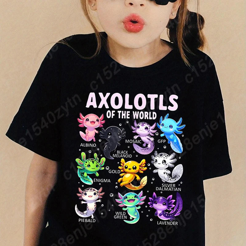 Colorful Cartoon Axolotls Graphic Print Tee, Girls' Casual & Comfy Crew Neck Short Sleeve T-shirt For Spring & Summer