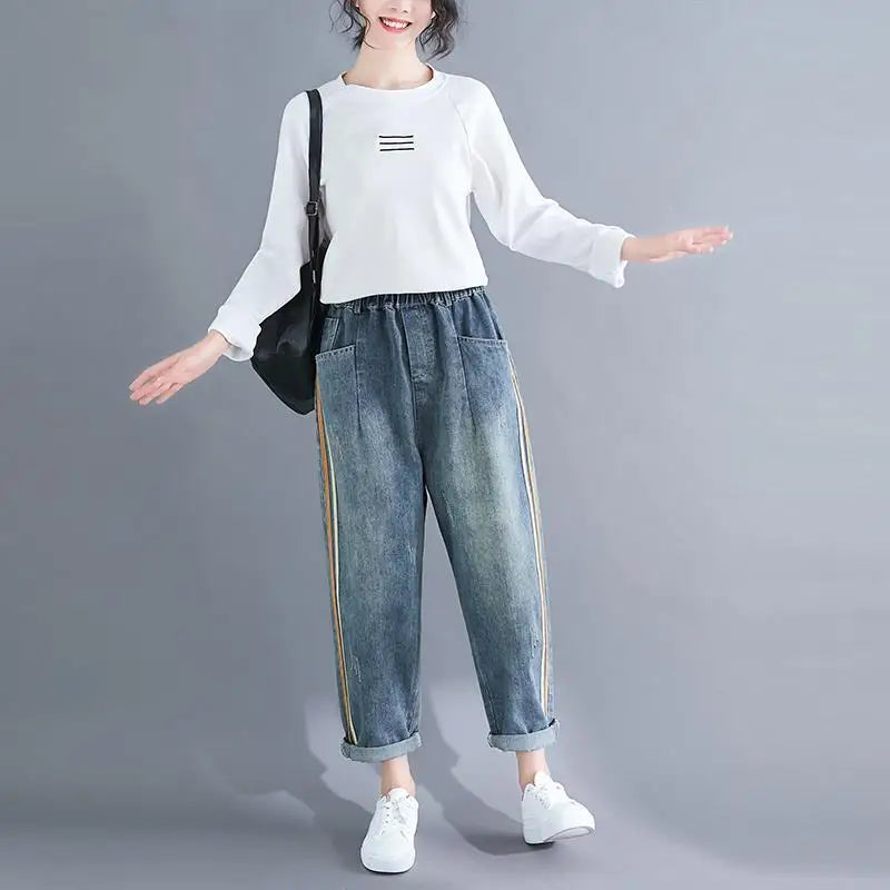 Light Blue Baggy Harem Jeans Mom Elegant Casual Elastic Waist 86-90cm Capris Denim Pants Korean Fashion Chic Cowboy Pantalones