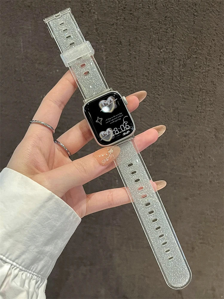 Luxury Glitter Clear Band For Apple Watch Strap 41mm 45mm 44mm 40mm 38mm Girl Sport Plastic Starp For iWatch 9 8 7 6 5 4 3 2 SE