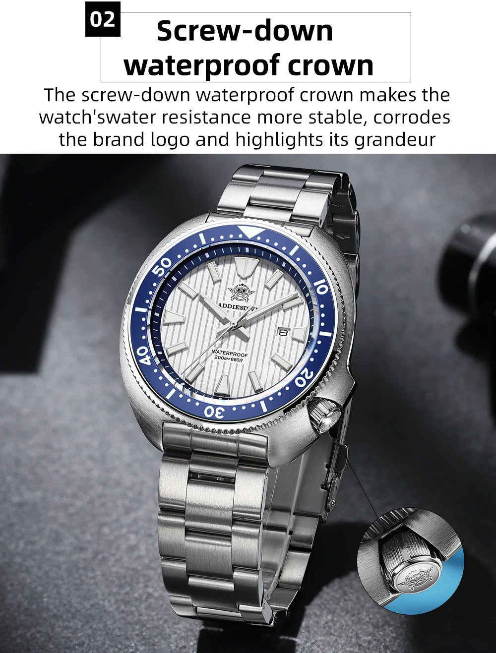 ADDIESDIVE Watch For Man AD2507 Sapphire Crystals Window Display BGW9 Luminous 200M waterproof 316L Stainless Steel Quartz Watch