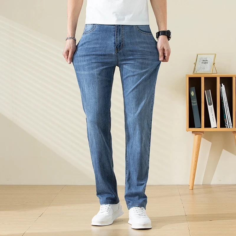 Summer Thin Mens Clothing Cowboys Slim Straight Jeans Men Denim Pants Casual Regular Fitness Men's Trousers Light Blue 2025