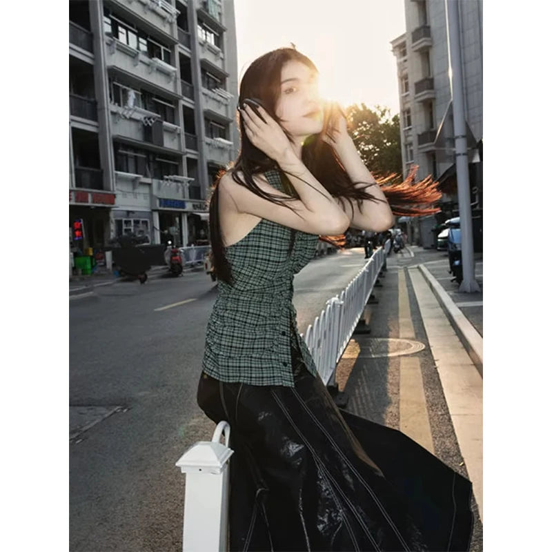 MEXZT Y2K Plaid Tanks Tops Women Vintage Sexy Halter Camis Summer Gyaru Harajuku Aesthetic Sleeveless Casual Design Clothes New