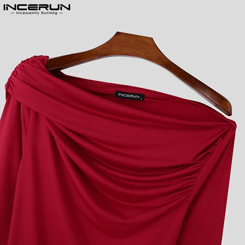 Sexy Fashion Style Tops INCERUN Men's Solid One-shoulder T-shirt Casual Clubwear Male Hot Sale Long Sleeved Camiseta S-5XL 2024