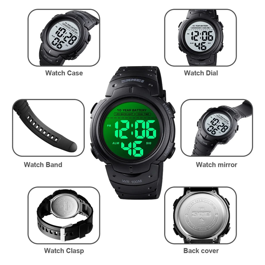 Skmei Led Light Display Chrono Digital Sport Watches Mens 10bar Top Waterproof Wristwatch 10 Year Battery Life Alarm Date Clock