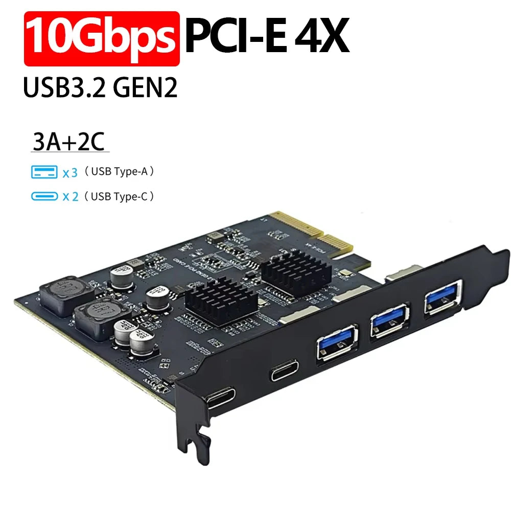 PCIE4X USB Expansion Card 10gbps 3USB A 2 USB C PCI Express X4 to USB3.2 Gen2 10Gbps Adapter PCI-E to USB 3.1 Type-C Expand HUB