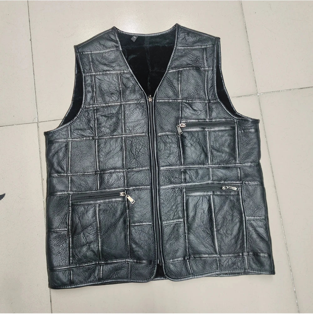 2026 Real Sheepskin Genuine Leather Vest Men Black Waistcoat Male Sleeveless Jacket Thick Motorcycle Vest Multi Pocket Zipper
