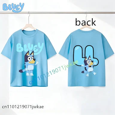 Bluey Birthday Number T-shirt 1-9 Y Kids Front Back Print Cute Cartoon Short Sleeve Boys Girls Summer Tops Birthday Party Gifts